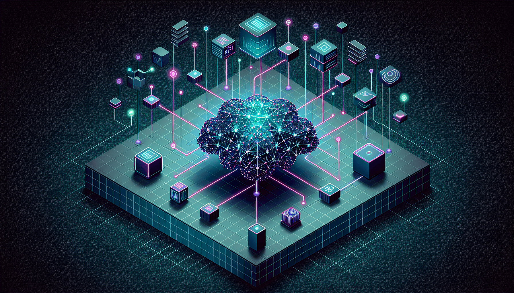 Isometric illustration of an AI brain connected by glowing lines to data nodes representing databases, APIs, and cloud storage